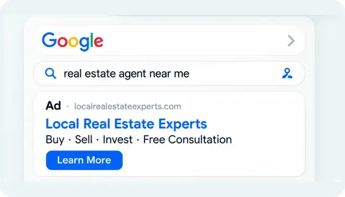 Google search results showing local real estate experts and property services