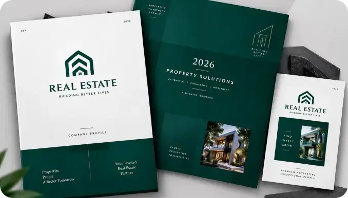 Real estate branding materials including brochures, cards and marketing collateral