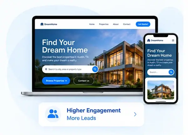 Responsive real estate website displayed on desktop and mobile devices