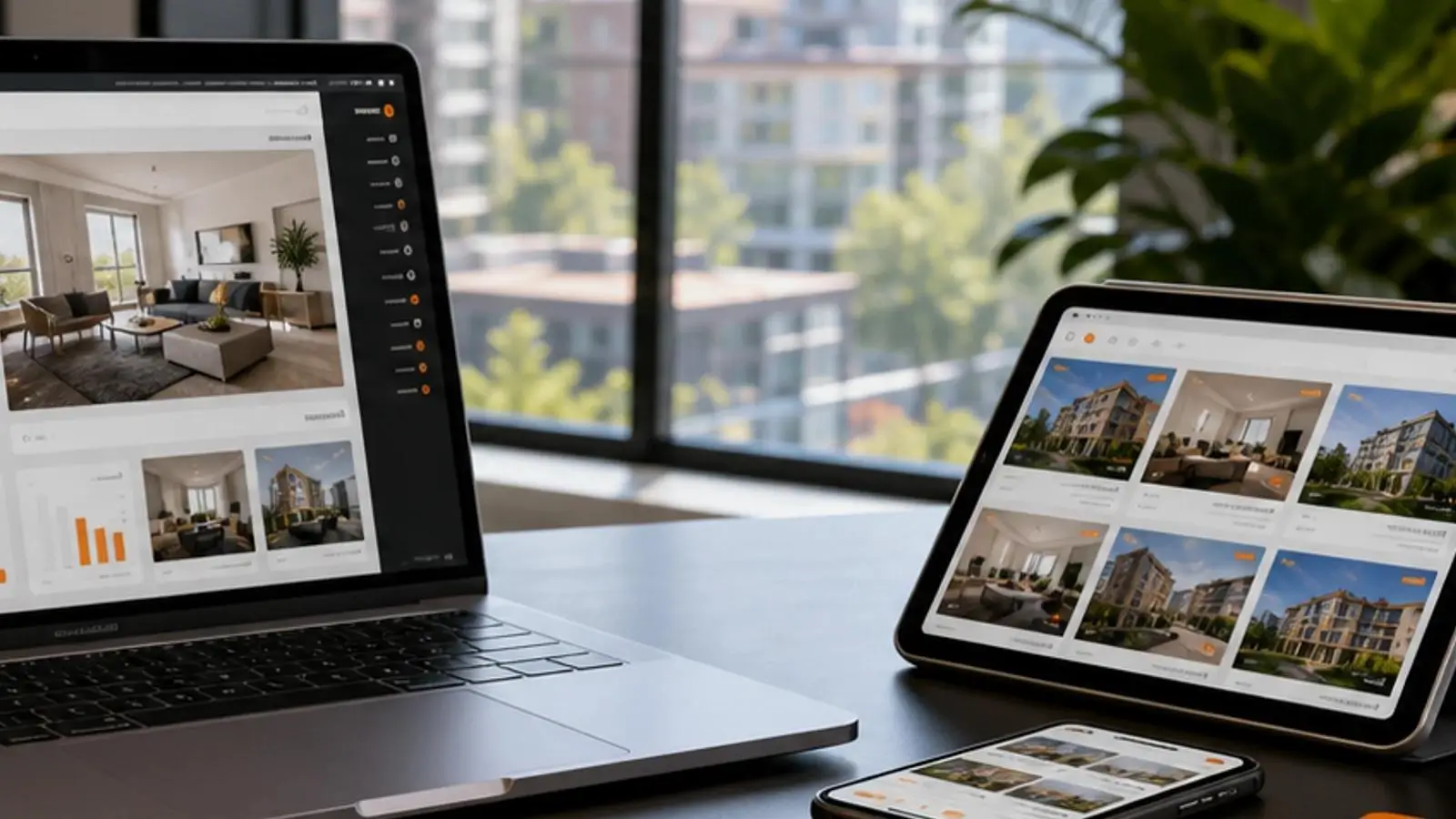 Laptop and smartphone displaying real estate website and campaign page layouts