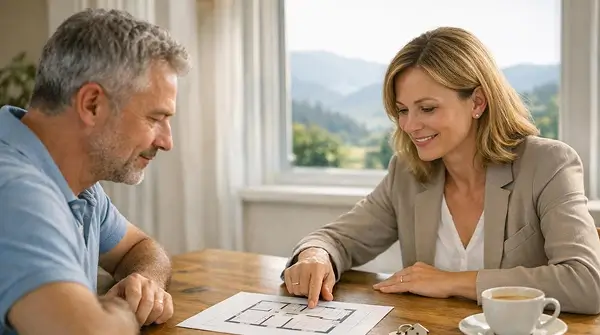 Real estate professional explaining property plans to a client