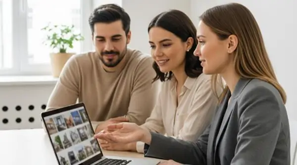 Real estate team reviewing property listings and discussing lead follow-up