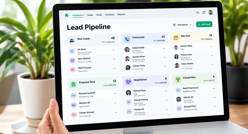 Real estate CRM lead pipeline displayed on a tablet