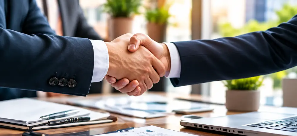 Business professionals shaking hands to represent a real estate marketing partnership