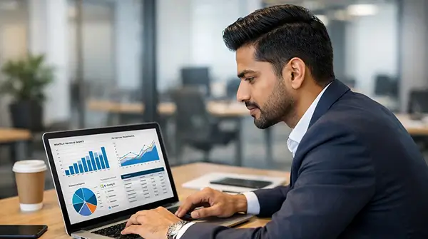 Real estate professional analyzing marketing performance charts on a laptop