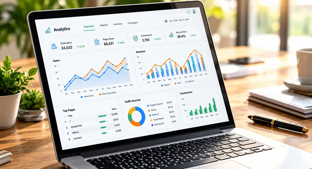 Real estate marketing performance dashboard with traffic and conversion charts