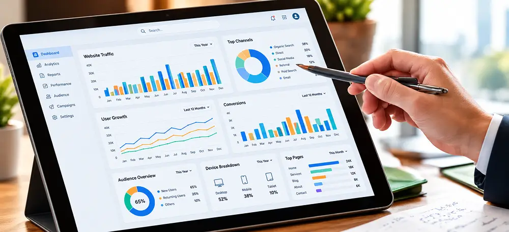 Real estate marketing performance dashboard displayed on a tablet