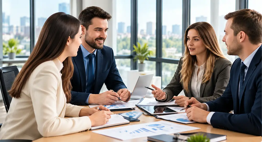 Real estate professionals discussing marketing strategy in a business meeting