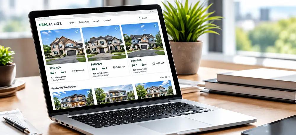Property listings displayed on a laptop for real estate website visitors