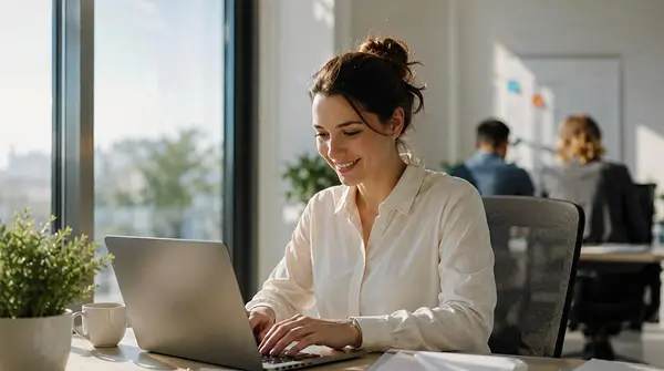 Real estate professional working on a laptop to improve online search visibility