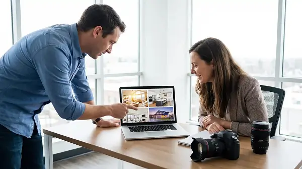 Real estate professionals reviewing a website design on a laptop