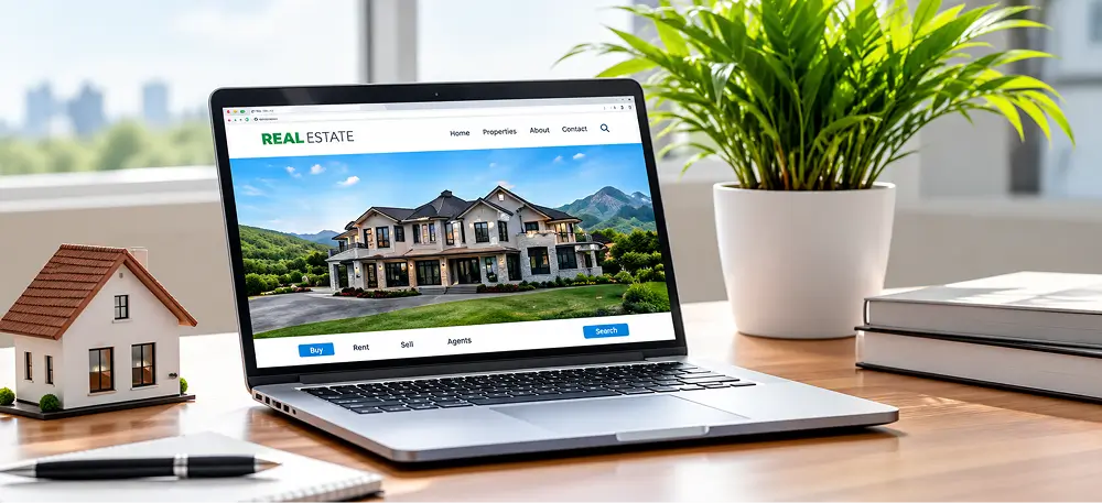 Real estate website displayed on a laptop beside a property model