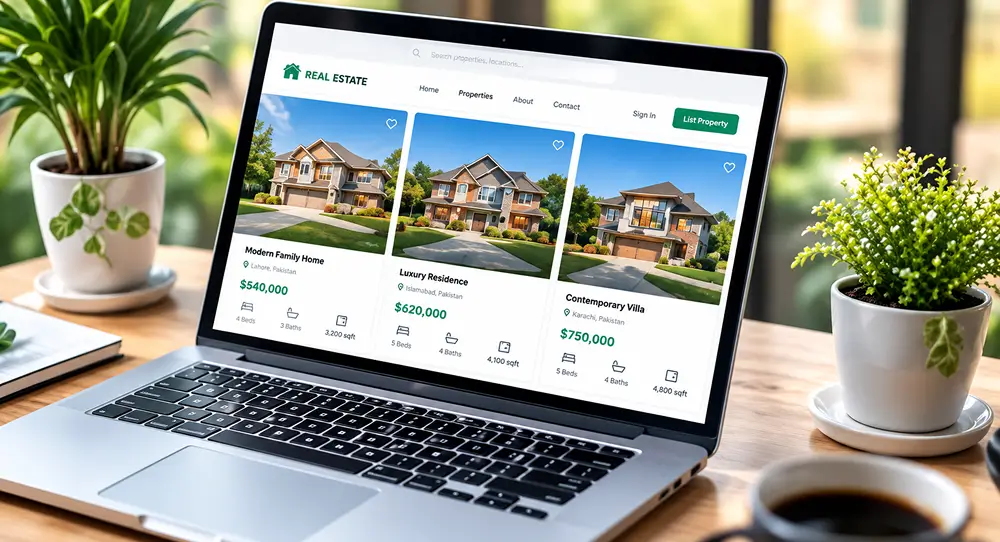 Real estate website displaying property listings on a laptop